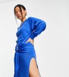 In The Style Petite X Lorna Luxe Slit Front Belt Detail Midi Dress In Blue-blues