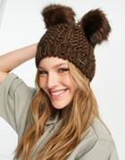 River Island Double Pom Pom Cable Knit Beanie In Brown