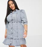 River Island Plus Frill Mini Denim Shirt Dress In Light Blue-blues
