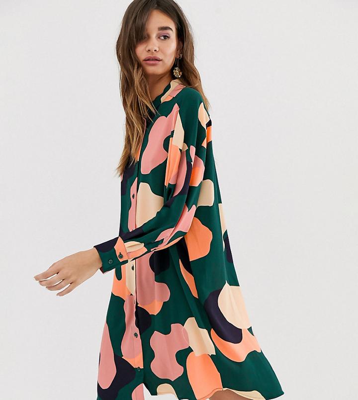 Monki Camo Print Oversized Mini Shirt Dress In Green