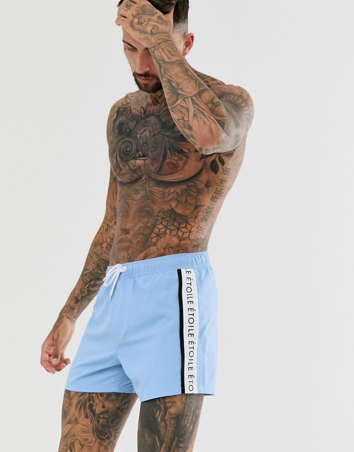 Asos Design Swim Shorts With Printed Side Panel In Short Length - Blue
