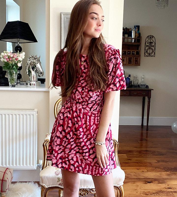 Topshop Petite Puff Sleeve Mini Dress In Pink