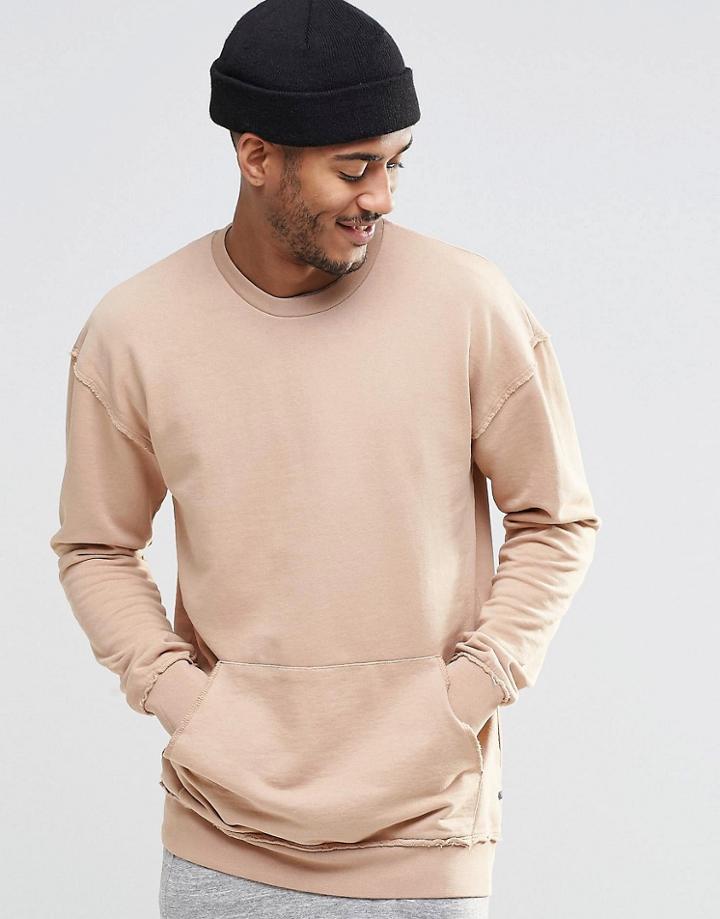 Jack And Jones Crew Neck Sweat With Pouch Pocket Detail - Nougat