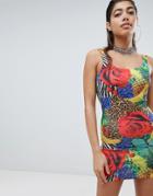 Jaded London Scoop Back Bodycon Dress In Carnival Print - Multi