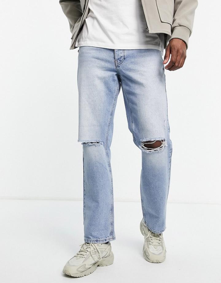 Asos Design Regular Fit Jeans In Mid Wash With Rips-blue
