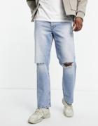 Asos Design Regular Fit Jeans In Mid Wash With Rips-blue