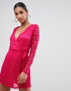 In The Style Floral Lace Wrap Over Mini Dress-pink