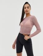 Asos Design Top In Pink Plisse Metallic Mesh With Long Sleeve