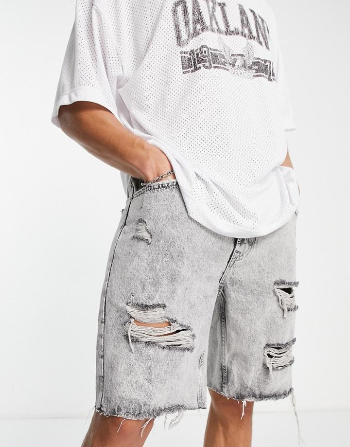Bershka Slim Distressed Denim Shorts In Gray