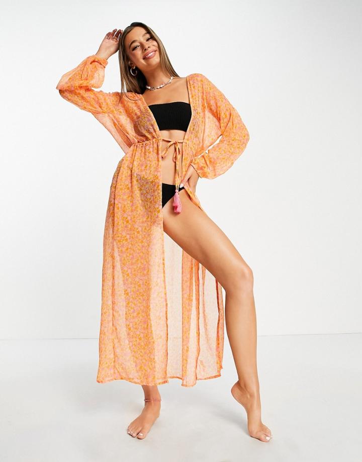 South Beach Printed Beach Cover Up In Orange-yellow