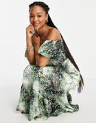Miss Selfridge Chiffon Bardot Maxi Dress In Green Ditsy