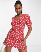 Missguided V Front Mini Dress In Red Floral Spot Print