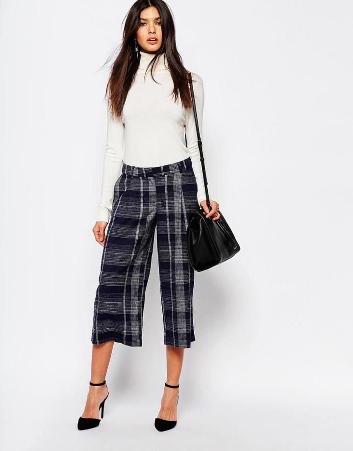 Mango Check Wide Leg Crop Pants - Multi Gray