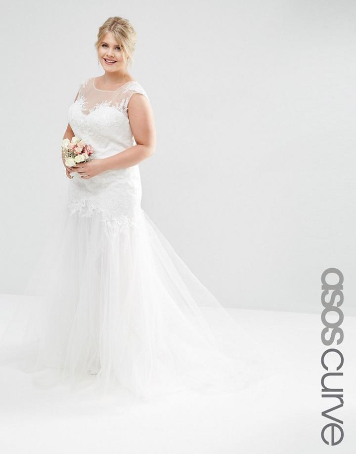 Asos Curve Bridal Princess Maxi Dress With Lace Bodice & Mesh Skirt - White