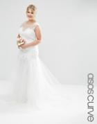 Asos Curve Bridal Princess Maxi Dress With Lace Bodice & Mesh Skirt - White