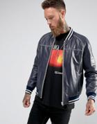 Black Dust Navy Leather Bomber With Contrast Stitching - Navy
