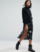 Pull & Bear Floral Midi Skirt - Black
