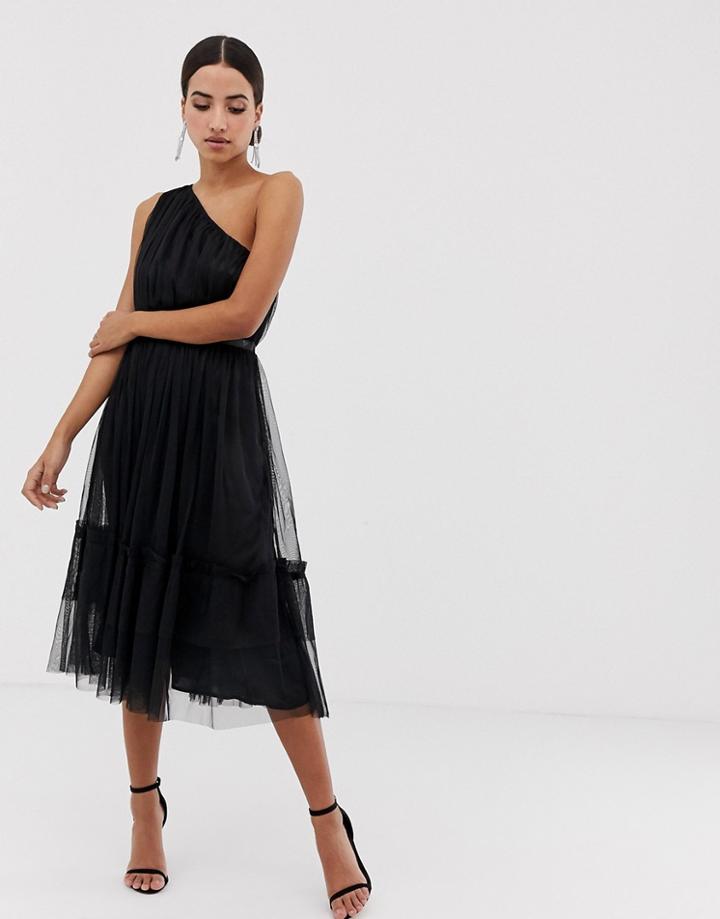 Maya One Shoulder Tulle Midi Dress - Black