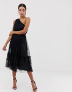 Maya One Shoulder Tulle Midi Dress - Black