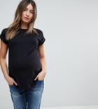 Asos Maternity T-shirt In Boyfriend Fit With Rolled Sleeve And Curved Hem - Black