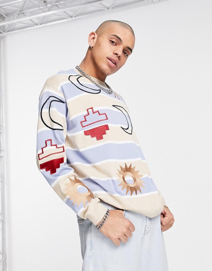Asos Design Knitted Oversized Stripe Sweater With Embroidery Pattern-blues