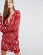 Stylestalker Long Sleeve V Neck Lace Mini Dress - Red