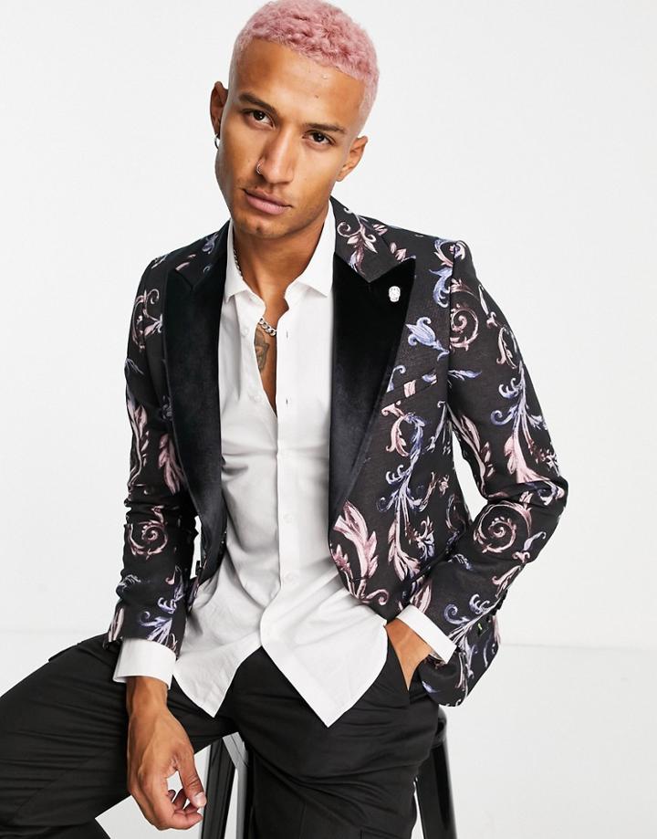 Twisted Tailor Blazer In Black With Filigree Jacquard And Velvet Lapel