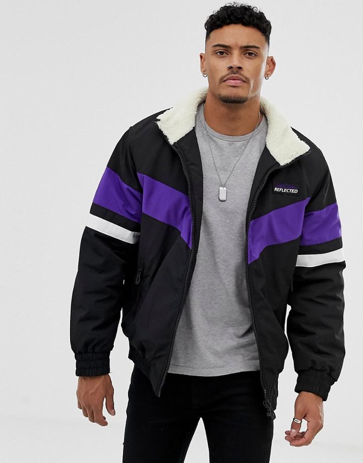 Bershka Color Block Jacket In Black With Fleece Collar - Black