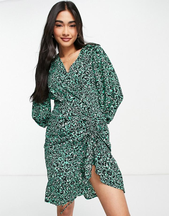 Vero Moda V-neck Ruched Mini Dress In Green Floral