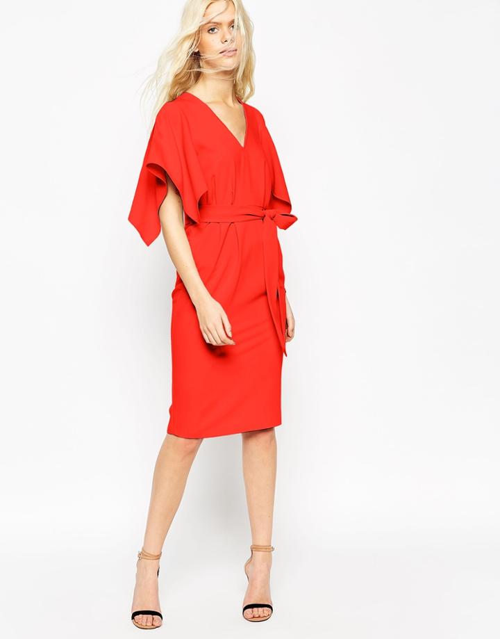 Asos Angel Kimono Sleeve Belted Midi Dress - Blood Orange