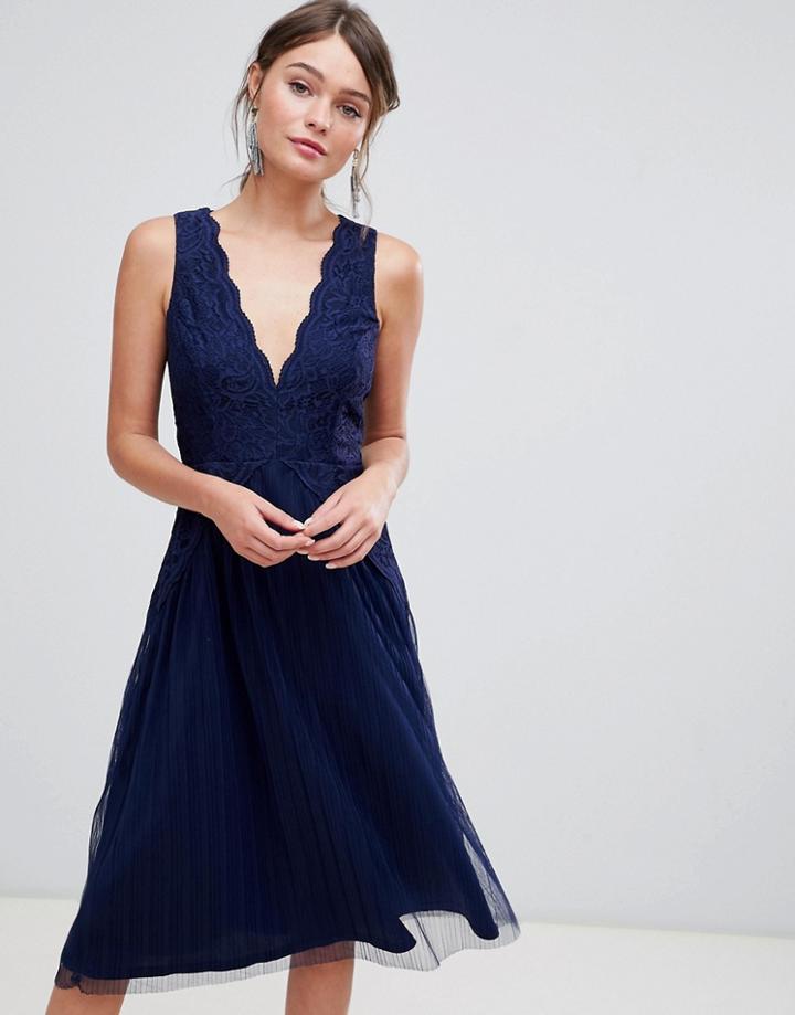 Asos Design Lace Top Mesh Pleated Midi Dress - Navy
