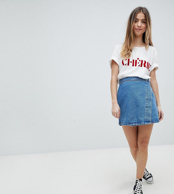 Asos Petite Denim Wrap Skirt In Stonewash Blue - Blue
