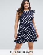 Yumi Plus Tea Dress In Polka Dot Print With Ruffle Detail - Navy