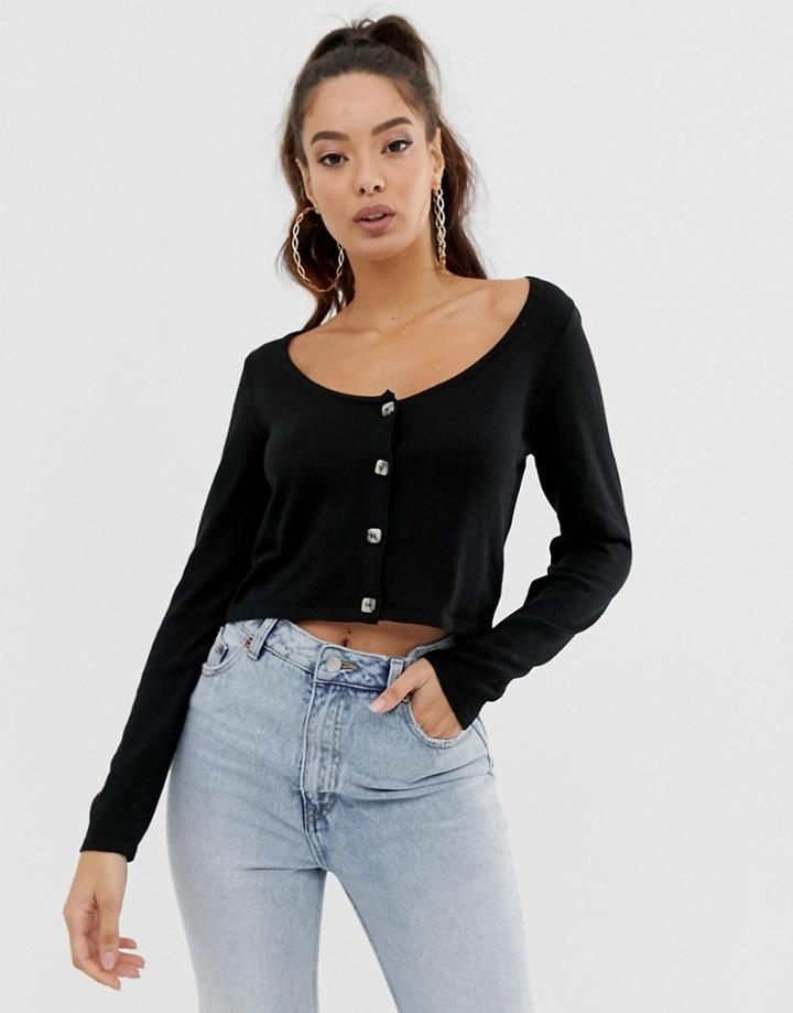 Asos Design Scoop Neck Cardigan With Buttons-black