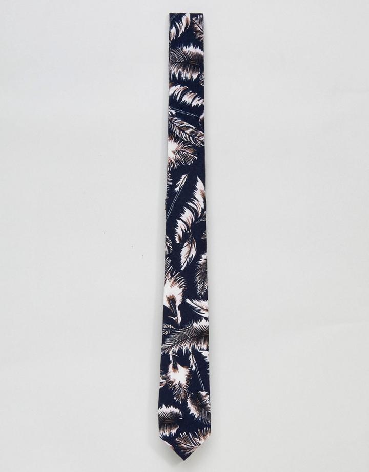 Asos Design Slim Tie With Feather Print In Navy - Navy