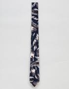Asos Design Slim Tie With Feather Print In Navy - Navy