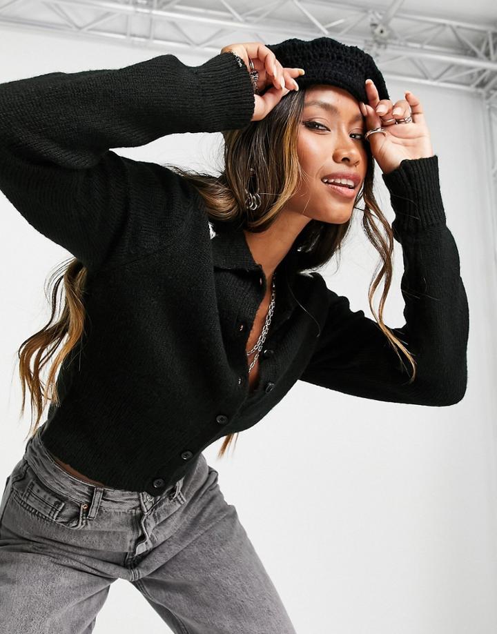 Topshop Knitted Crop Collar Cardi In Multi-black