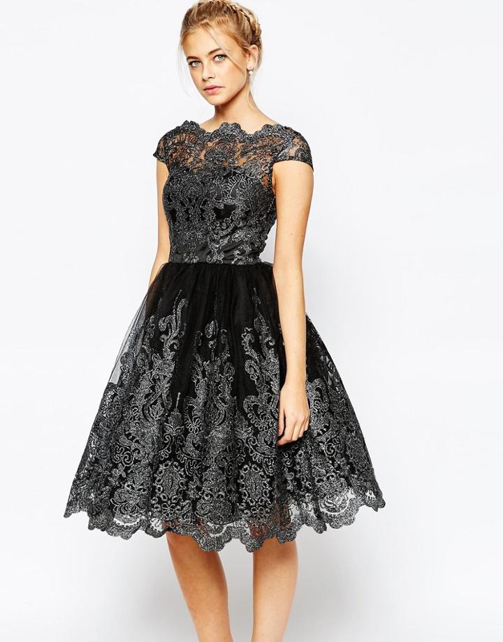 Chi Chi London Premium Metallic Lace Midi Prom Dress With Bardot Neck