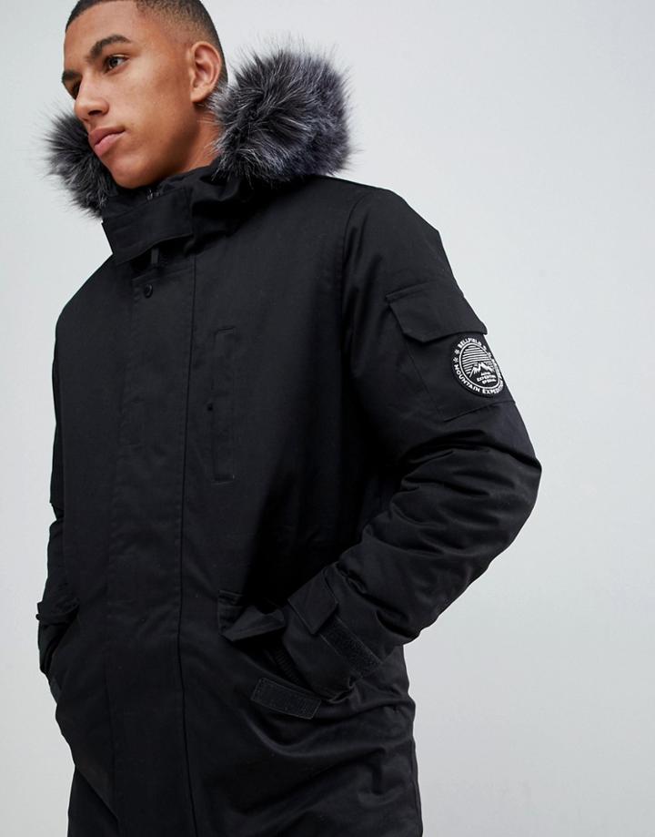 Bellfield Parka With Faux Fur Hood In Black - Black