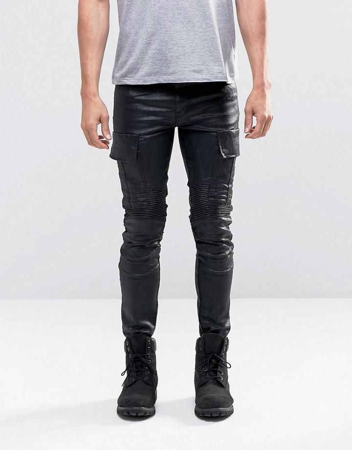 Asos Super Skinny Jeans In Coated With Biker Styling And Cargo Pockets - Black