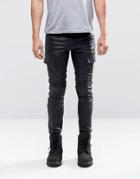 Asos Super Skinny Jeans In Coated With Biker Styling And Cargo Pockets - Black