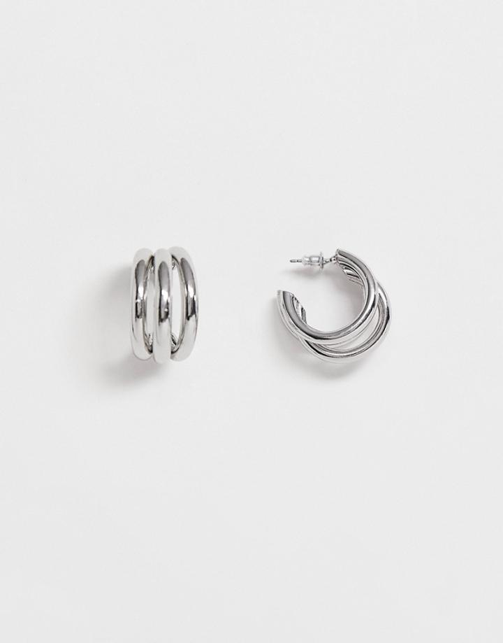 Asos Design Hoop Earrings In Triple Row Design In Silver Tone - Silver