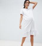 Asos Design Maternity Midi T-shirt Dress With Broderie Drop Hem-white