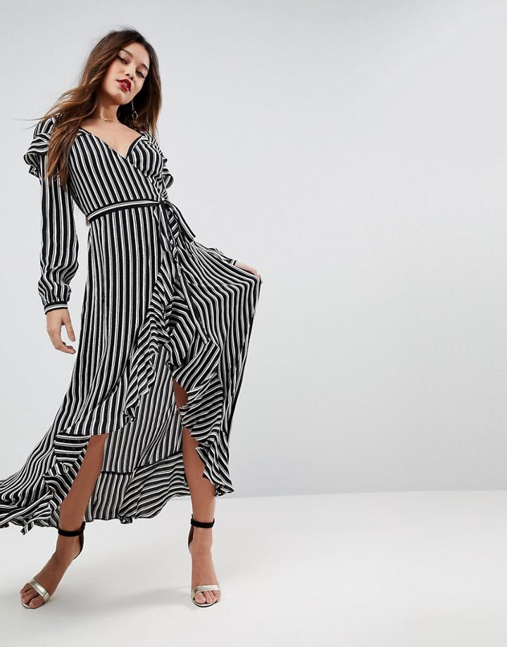 Asos Long Sleeve Ruffle Wrap Maxi Tea Dress In Stripe - Multi
