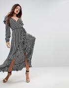 Asos Long Sleeve Ruffle Wrap Maxi Tea Dress In Stripe - Multi