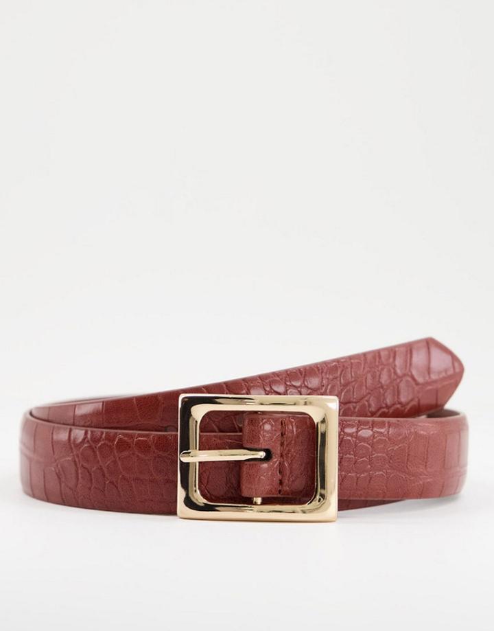 Asos Design Faux Leather Slim Belt In Burgundy Croc With Gold Buckle-red
