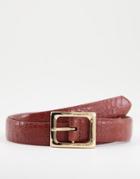 Asos Design Faux Leather Slim Belt In Burgundy Croc With Gold Buckle-red