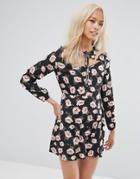 Influence Floral Lace Up Keyhole Skater Dress - Black