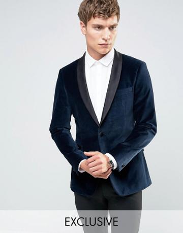 Number Eight Savile Row Velvet Skinny Tuxedo Jacket With Satin Lapel - Navy