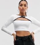 Asos Design Petite Cut Out Front Crop Top With Clip And Contrast Binding In White